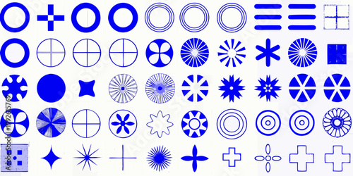 Collection of abstract blue shapes and patterns on a white background