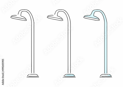 Three minimalist shower heads depicted in varying shades of blue and gray