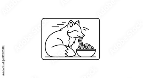 Cute Fox Eating Ramen Noodles Line Art Illustration