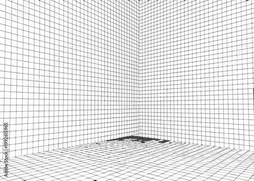 Abstract geometric interior with a grid pattern and dark corner