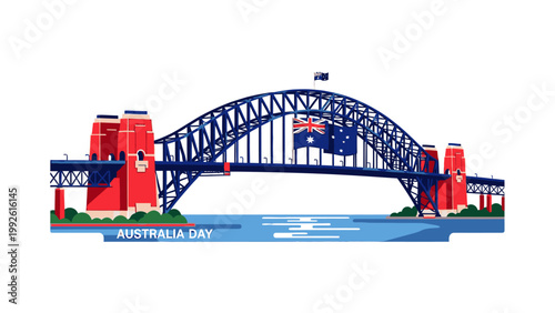 Illustration of Sydney Harbour Bridge with Australian flag on a white background, featuring red and blue colors and a water design element.