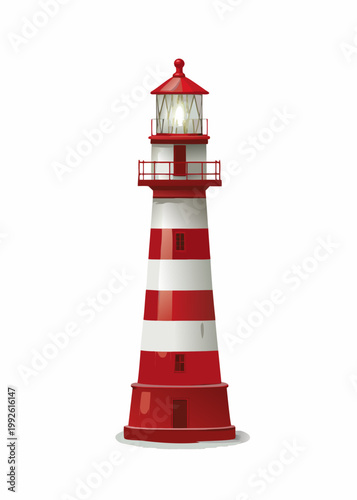 A classic red and white striped lighthouse stands tall against a white background