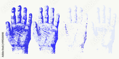 Two blue hands displayed with a grainy textured and repeated pattern