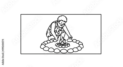 Caveman igniting fire with stones, prehistoric survival, ancient technology, outdoor scene