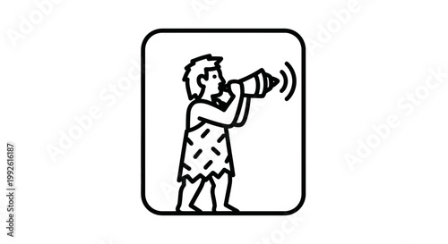 Caveman shouting through megaphone, ancient communication, primitive man icon, historical announcement