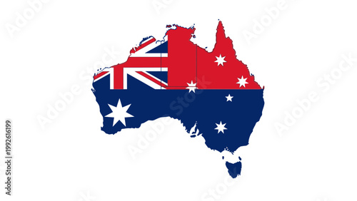 Graphic illustration of the Australian continent with a flag design on a white background, featuring a map outline and national symbol.
