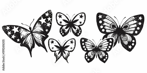 Black and white illustration of five ornate butterflies with star patterns