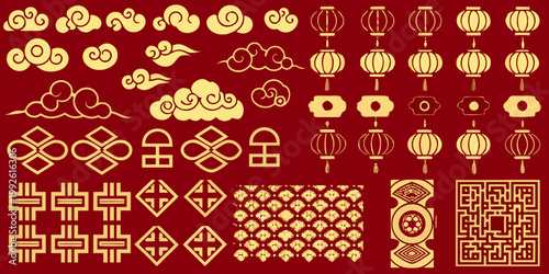 Traditional chinese new year elements with lanterns clouds and geometric patterns