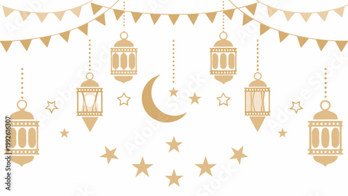 Golden ramadan decorations with crescent moon and ornate lanterns