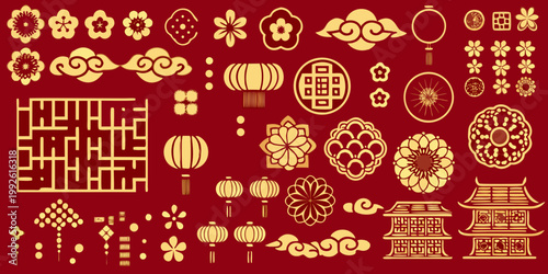 Golden chinese traditional patterns and elements on a red background