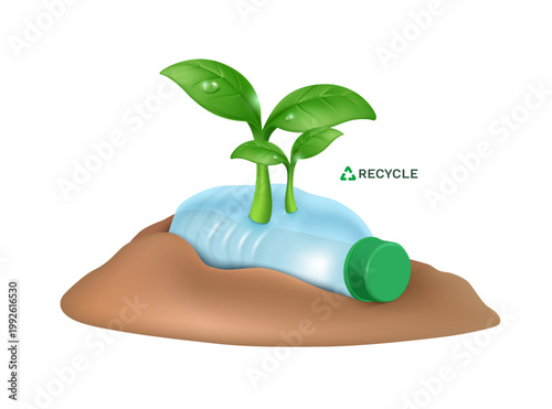 Green sprouts growing from a plastic water bottle buried in the soil, concept of recycling and environmental sustainability, vector 3d isolated for designing a campaign to reuse plastic waste