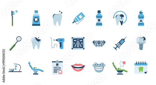Dental Care Icons Set: Toothbrush, Paste, Implant, X-ray, Dentist Tools