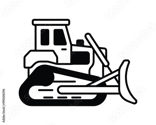 A black and white vector illustration of a heavy construction bulldozer machine with a front blade.