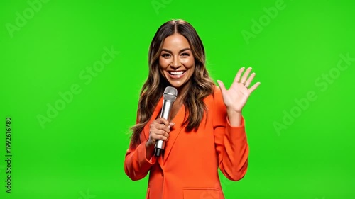 Woman with microphone waving hello on green screen background