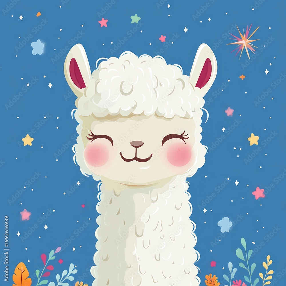 Obraz premium joyful fluffy white alpaca with rosy cheeks and closed eyes, long neck and pink ears against a starry blue sky with colorful stars, sparkles and whimsical foliage below