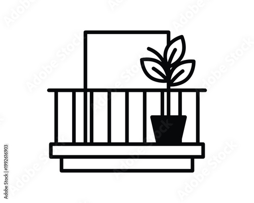 A black outline icon of a balcony, with a potted plant on its railing and a window.
