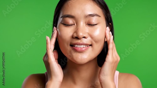 Young Asian Woman Touching Face with Glowing Skin on Green Screen Background