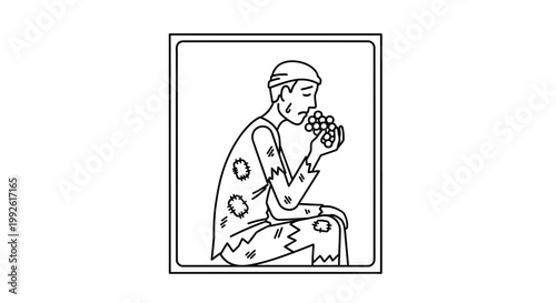 Man in ragged clothes eating grapes, symbolizing poverty and hunger