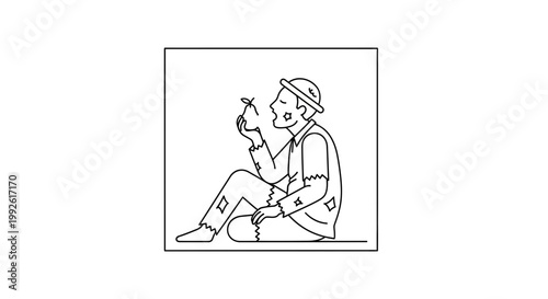 Man in tattered clothes holding a small plant, symbolizing hope and new beginnings.