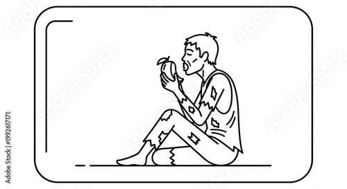 Man in rags eating an apple, symbolizing hunger and poverty, black and white illustration