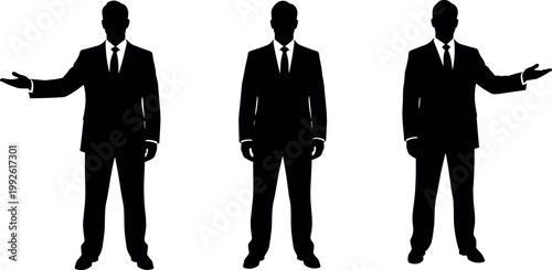 Vector silhouettes of three professional businessmen in formal suits standing in different poses for corporate presentation and commercial design projects