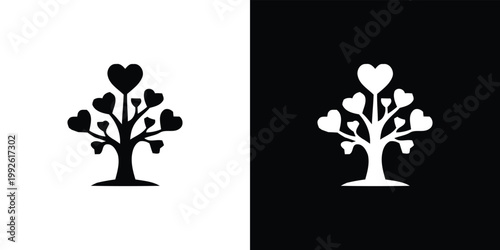 Black and white heart tree silhouettes on split color background heart shaped leaves split background