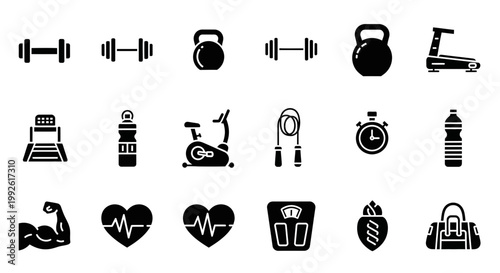Fitness Icons Set: Dumbbell, Kettlebell, Treadmill, Bike, Jump Rope, Stopwatch, Water Bottle