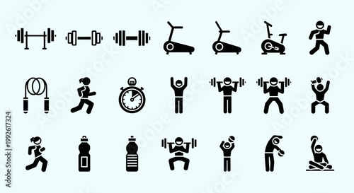Fitness Icons Set: Gym Equipment, Exercise, Healthy Lifestyle, Workout Vector Graphics