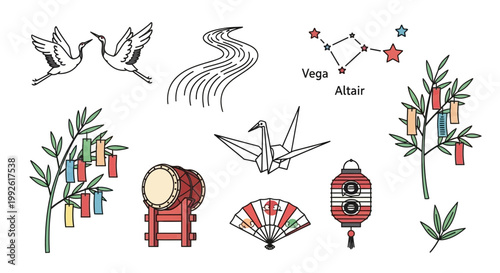 Japanese Tanabata Festival Elements: Cranes, Origami, Drum, Fan, Lantern, Star Constellation