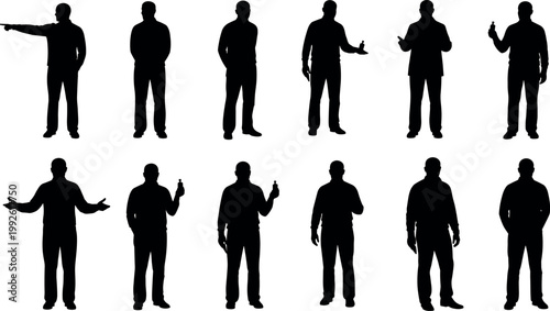 Silhouette vector set of adult male figures standing pointing and gesturing in various poses for graphic design and presentation projects.