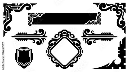 Collection of black decorative sci-fi UI elements, featuring tribal corners, tech banner frames, borders, and a shield for modern graphic design