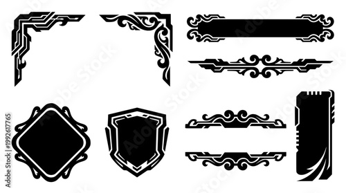 Set of black decorative frames, borders, corners, and banners combining classic tribal flourishes with futuristic sci-fi tech shapes for UI design