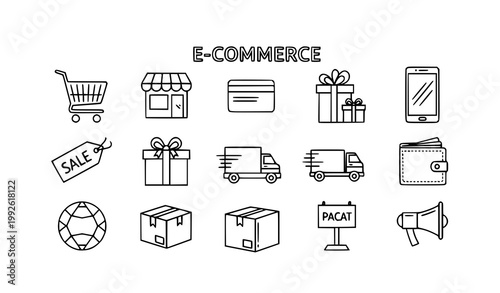 E commerce outline icons with shopping cart delivery payment mobile app marketing and sale vector set