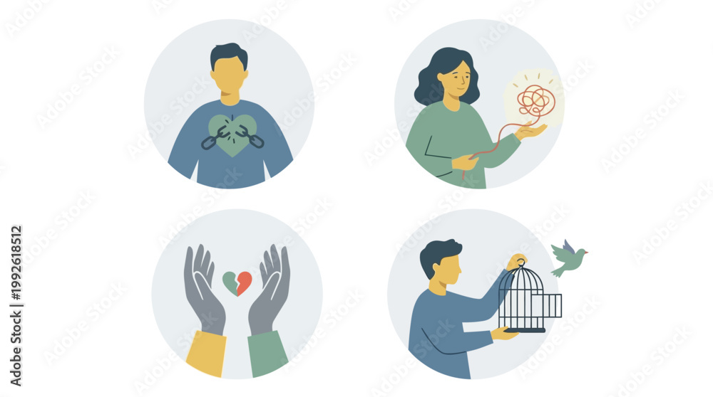 Fototapeta premium Illustrations depicting concepts of mental health, emotional freedom, therapy, support, and breaking free from burdens.