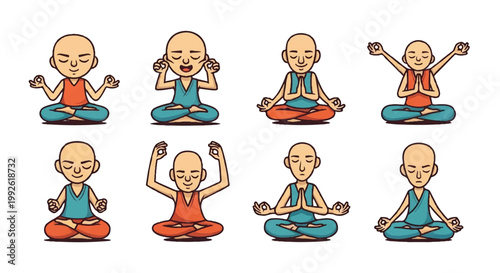 Cartoon illustrations of meditating figures in various poses