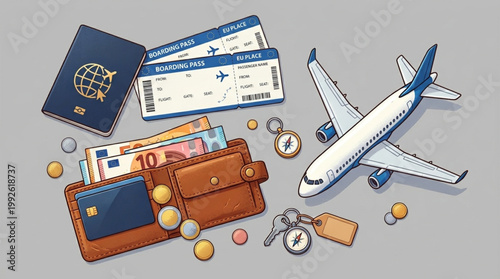 Illustration of travel essentials including a passport, tickets, wallet, and airplane on a gray background