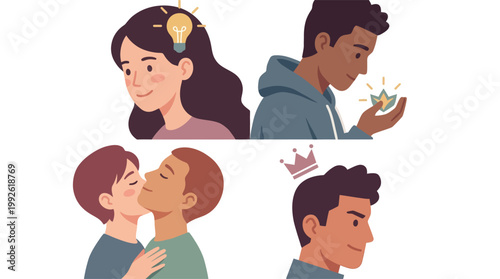 Illustrations depicting various human concepts including creativity, discovery, affection, and self-perception, with diverse individuals.