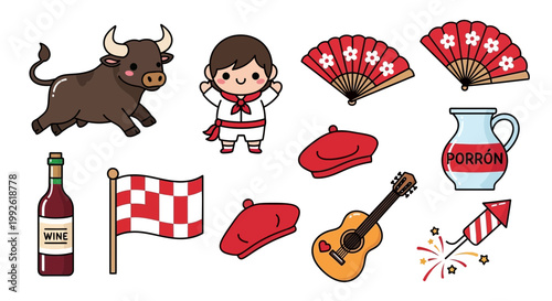 Spanish Culture Icons: Bull, Dancer, Guitar, Wine, Flag, Beret, Fan
