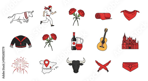 Spanish Culture Icons: Bull Running, Flamenco, Guitar, Wine, Festival Elements