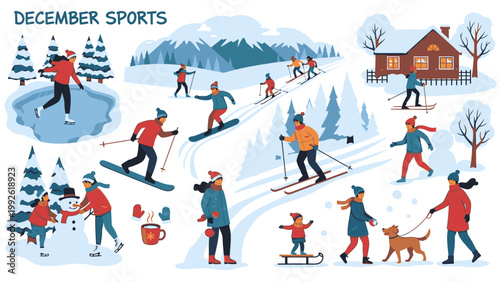 Illustration of people skiing, snowboarding, and playing in a snowy landscape with a house and trees, conveying a joyful winter sports scene.