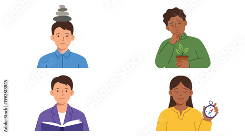 Four diverse illustrations depicting people engaged in various activities: balancing stones, nurturing a plant, reading a book, and managing time with a stopwatch and compass.
