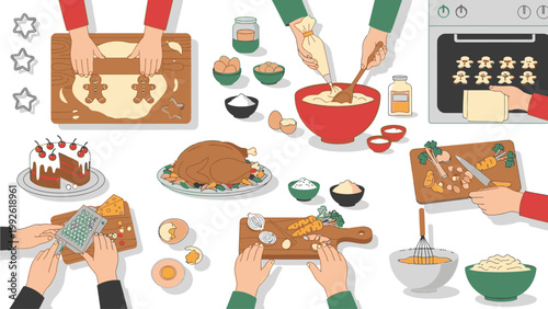 Flat lay illustration of various hands preparing and serving food on cutting boards and plates with utensils and dishes on a white background.