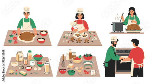 Flat lay illustration of people cooking and preparing food on kitchen counters with various ingredients and dishes in a colorful and lively composition.