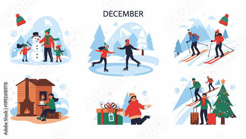 Flat lay illustration of six Christmas scenes with people engaging in winter activities on a white background.