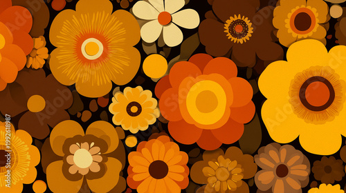 Floral Fiesta: A vibrant tapestry of stylized flowers in shades of orange, yellow, and brown bursts across the frame. A celebration of color and design, perfect for a touch of retro charm.