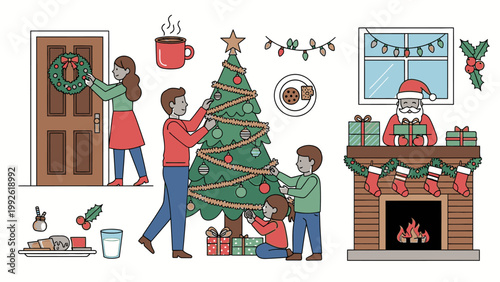 Illustration of a family decorating a Christmas tree with presents and ornaments while a Santa Claus sits by the fireplace in a cozy home with a festive mood.