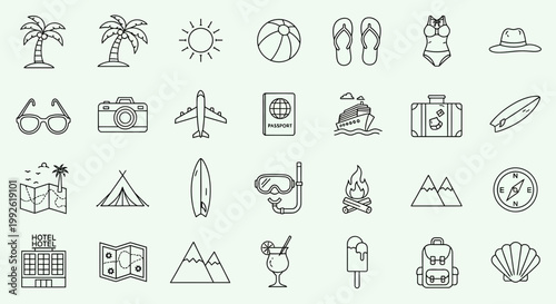 Summer Vacation Icons: Travel, Beach, and Adventure Set