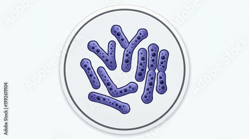 Illustration of purple bacteria cells with black spots on them arranged in a circular petri dish on a white background