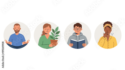 Four diverse people depicted in circular avatars, showcasing different states of mind and activities: meditation, nurturing a plant, reading a book, and experiencing illness.