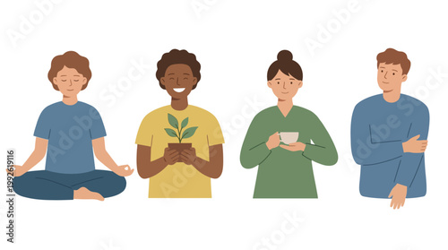 Four diverse people demonstrating different states of mind and well-being activities, including meditation, nurturing a plant, enjoying a drink, and contemplation.